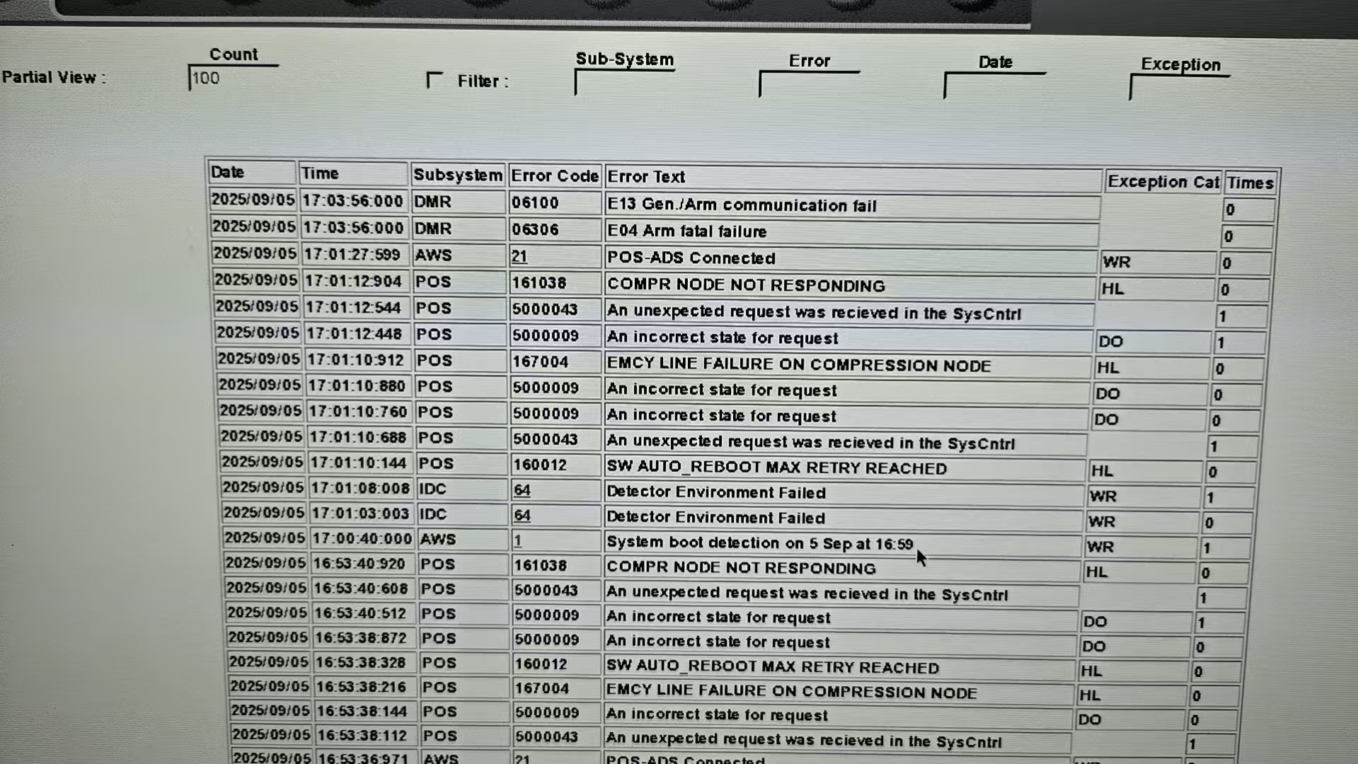 Senographe DS gantry communication and motion error log