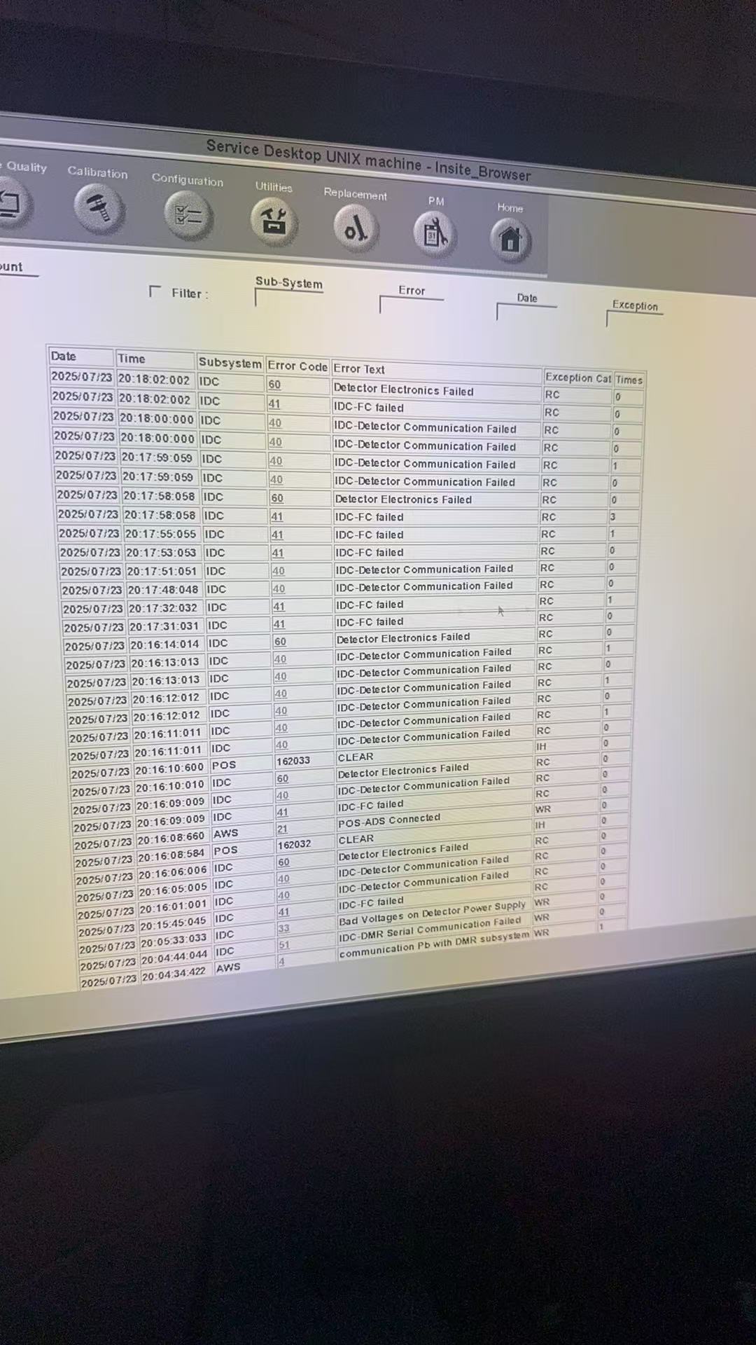Senographe DS IDC detector communication error log